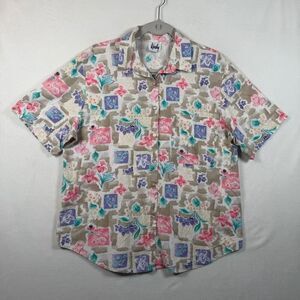 Tapestry Vintage 90s Floral Button Up Shirt Women L Abstract Pastel Short Sleeve